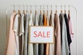 Clothes on the rail and a sale sign. Final sale, discounts Royalty Free Stock Photo