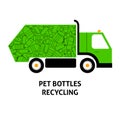A flat vector image of a garbage truck full with plastic bottles.