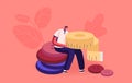 Clothes Repair, Needlework Hobby. Tiny Man Sitting on Pile of Sew Buttons with Measuring Tape in Hands. Sewing Hobby Royalty Free Stock Photo