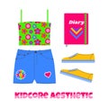 Clothes,shoes and accessories for girls in bright neon colors in the style of the 90s. Kidcore aesthetic, y2k style