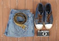 Clothes, shoes and accessories - Top view belt, gumshoes, camera