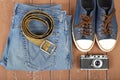 Clothes, shoes and accessories - Top view belt gumshoes camera a