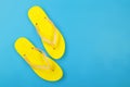 Clothes, shoes and accessories - top view yellow pair flip flops