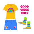 Clothes,shoes,socks in bright neon colors in the style of the 90s. Kidcore aesthetic, y2k style. Trendy illustration for