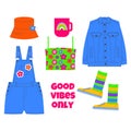 Clothes,shoes,socks,panama and accessories for girls in bright neon colors in the style of the 90s. Kidcore aesthetic