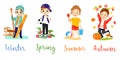 Clothes , Style, Fashion Kids Concept. Set Of Cheerful Cartoon Boy Playing Different Toys Wearing Stylish Casual Clothes