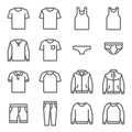 Clothes Vector Line Icon Set. Contains such Icons as Underwear, T-shirt, Coat, Jacket, Pants and more. Expanded Stroke