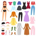 Clothes woman vector beautiful girl and dress up or clothing with fashion pants dresses or shoes illustration girlie set