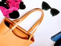 Clothes for women yellow handbag sunglass pink coral summer sandals luxury stylish fashion accessories summer spring season tre