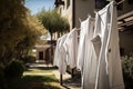 clothesline with drying towels and bathrobes in the background Royalty Free Stock Photo