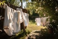 a clothesline with drying towels and bathrobes, on a sunny summer day Royalty Free Stock Photo