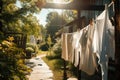 a clothesline with drying towels and bathrobes, on a sunny summer day Royalty Free Stock Photo