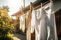 a clothesline with drying towels and bathrobes, on a sunny summer day