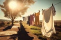 clothesline with freshly washed and dried clothes in the sun Royalty Free Stock Photo