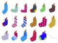 Clothesline sock icons set isometric vector. Drying rope pair