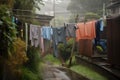 a clothesline with wet and windblown clothes in the rain Royalty Free Stock Photo