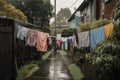 a clothesline with wet and windblown clothes in the rain Royalty Free Stock Photo