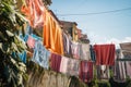 clotheslines with colorful laundry drying in the wind