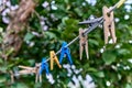 Clothespin hanging on a rope. Clothespins on the background of green leaves Royalty Free Stock Photo