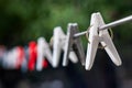 Clothespins on blur nature background close up Royalty Free Stock Photo