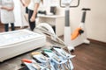 Clothespins of the ECG machine in the foreground. Athlete does a cardiac stress test and VO2 in a medical study Royalty Free Stock Photo