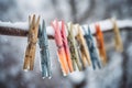 Clothespins hanging on snowy rope. Generate ai Royalty Free Stock Photo