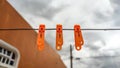clothespins on rope. clothespin on the clothesline on cloudy day