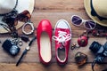 Clothing and accessories for men and women ready for travel - life style. Royalty Free Stock Photo