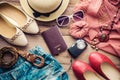 Clothing and accessories for women on wood floor - life style. Royalty Free Stock Photo