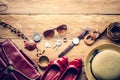 Clothing and accessories for women on wood floor for travel at h Royalty Free Stock Photo