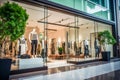 clothing boutique storefront in modern mall, glass facade, greenery, mannequins showcase fashion