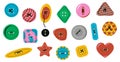 Clothing buttons. Cute colored sewing elements, needlework icons flower circle sun star moon shapes for fabric Royalty Free Stock Photo