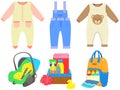 Clothing for children, long sleeve jumpsuits near car seat, bath accessories, backpack with bottles Royalty Free Stock Photo