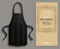 Clothing for cooking in kitchen near restaurant menu. Apron next to list of food and drinks