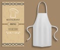 Clothing for cooking in kitchen near restaurant menu. Apron next to list of food and drinks