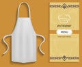 Clothing for cooking in kitchen near restaurant menu. Apron next to list of food and drinks