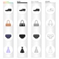 Clothing, dress, sarafan, accessories, ladies` bag, men`s shoes, panties. Clothes and accessories set collection icons