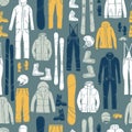 Clothing and equipment for skiers and snowboarders. Vector pattern