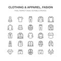 Clothing, fasion flat line icons. Men, women apparel - dress, down jacket, jeans, underwear, sweatshirt. Thin linear