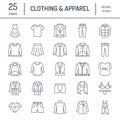 Clothing, fasion flat line icons. Mens, womens apparel - dress, suit jacket, jeans, underwear, sweatshirt, fur coat Royalty Free Stock Photo