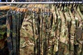 Clothing for hunting and fishing in store Royalty Free Stock Photo