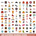 100 clothing journal icons set, flat style