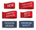 Clothing labels collection. Textile fabric tag with stitch. Clothes sticker with limited edition, fashion design, exclusive text. Royalty Free Stock Photo