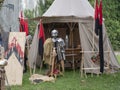 Clothing of the medieval knight. Reconstruction of historical events of the city Magdeburg, Germany. An impressive festival for Royalty Free Stock Photo