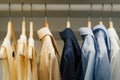 Clothing men shirt and female dress hanging on the wardrobe in the family dressing room at home. film style photo Royalty Free Stock Photo