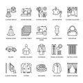 Clothing repair, alterations flat line icons set. Tailor store services - dressmaking, clothes steaming, curtains sewing