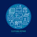 Clothing repair, alterations studio equipment banner illustration. Vector line icon of tailor store services - Royalty Free Stock Photo