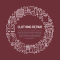 Clothing repair, alterations studio equipment banner illustration. Vector line icon of tailor store services - Royalty Free Stock Photo