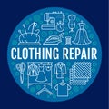 Clothing repair, alterations studio equipment banner illustration. Vector line icons of tailor store services -