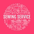 Clothing repair, sewing studio equipment banner illustration. Vector line icon of tailor store services - dressmaking